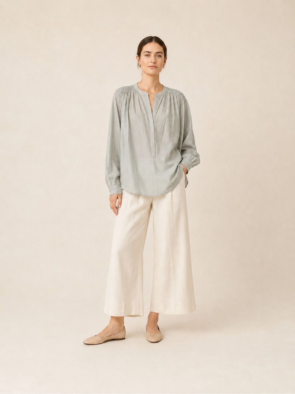 MIRTH Florence Cotton Silk Hand Smocked Blouse Sage Green Size S